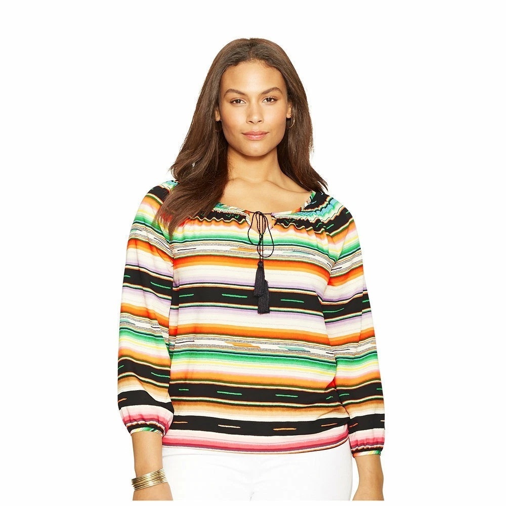Lauren Ralph Lauren Multicolor Serape Stripe Woven Tassel Tie Peasant Top PM
